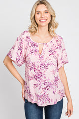 Pink Floral Keyhole Front Short Sleeve Top