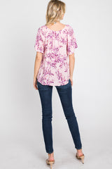 Pink Floral Keyhole Front Short Sleeve Top