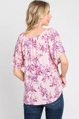 Pink Floral Keyhole Front Short Sleeve Top