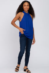 Royal Blue Ruffle Mock Neck Sleeveless Top