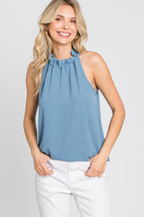 Blue Ruffle Mock Neck Sleeveless Top