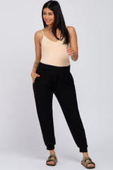 Black Brushed Ribbed High Waisted Drawstring Maternity Joggers