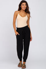 Black Brushed Ribbed High Waisted Drawstring Maternity Joggers