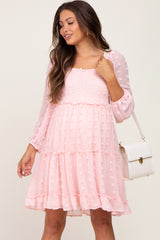 Light Pink Swiss Dot Long Sleeve Maternity Dress