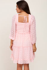 Light Pink Swiss Dot Long Sleeve Maternity Dress