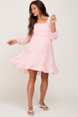 Light Pink Swiss Dot Long Sleeve Maternity Dress