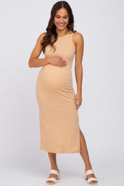 Beige Ribbed Racerback Side Slit Maternity Midi Dress