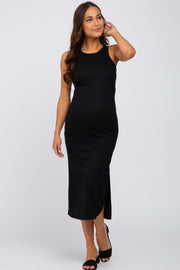 Black Ribbed Racerback Side Slit Maternity Midi Dress