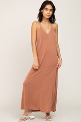 Camel Racerback Maternity Maxi Dress