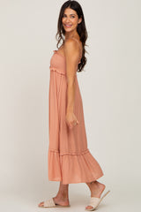 Peach Smocked Button Accent Midi Dress