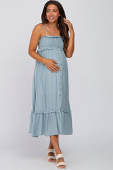 Light Blue Smocked Button Accent Maternity Midi Dress