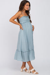 Light Blue Smocked Button Accent Maternity Midi Dress