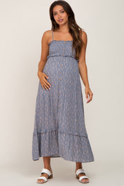 Blue Leaf Print Smocked Maternity Dress