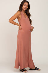 Rust V-Neck Side Slit Sleeveless Maternity Midi Dress