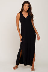 Black V-Neck Side Slit Sleeveless Midi Dress