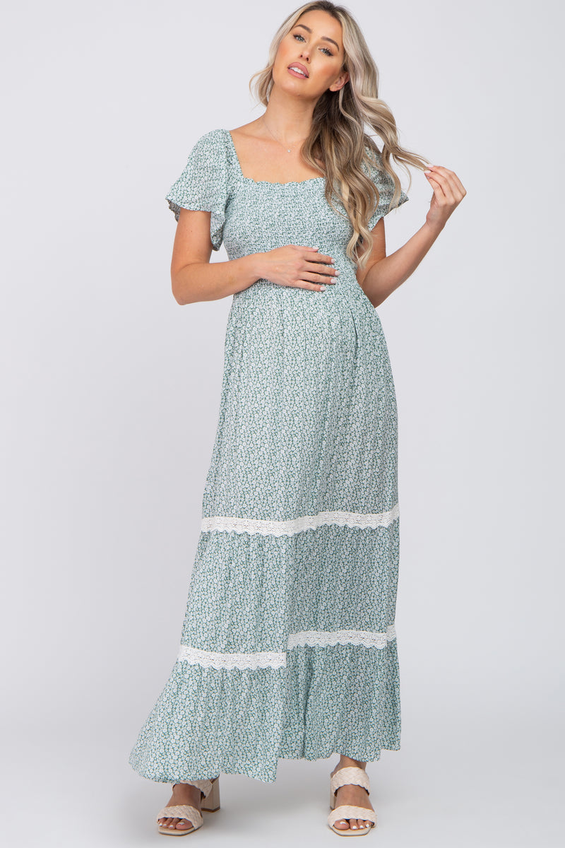 Green Floral Square Neck Smocked Front Lace Trim Maternity Maxi Dress ...