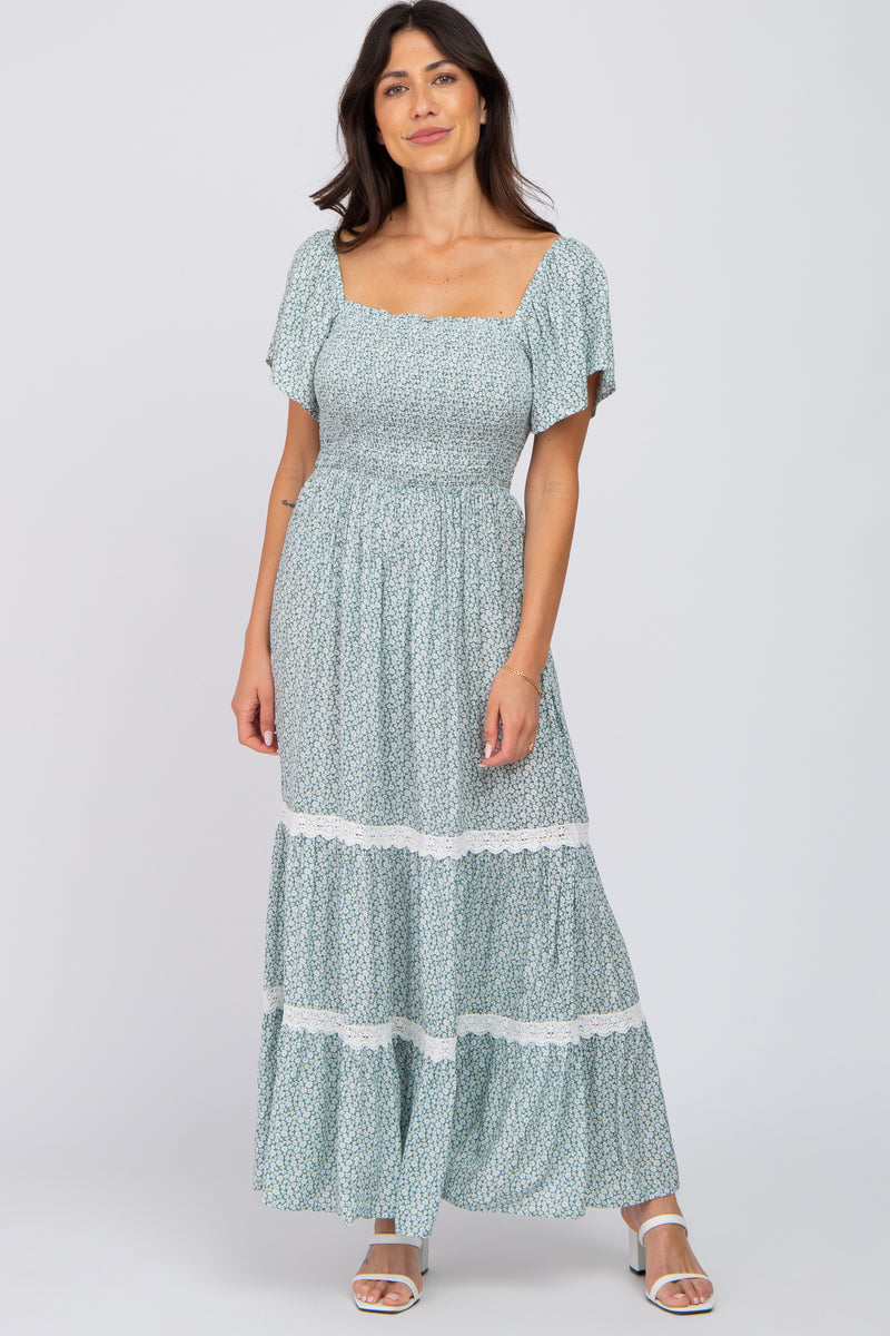 Green Floral Square Neck Smocked Front Lace Trim Maxi Dress– PinkBlush