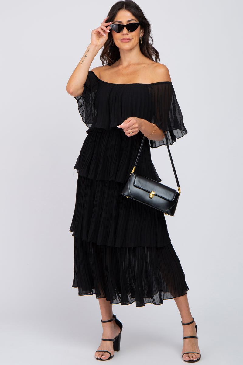 Black Solid Off Shoulder Pleated Ruffle Midi Dress – PinkBlush