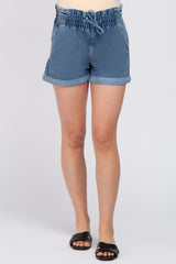 Medium Denim Smocked Waist Maternity Shorts