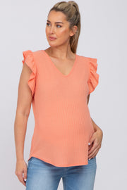 Coral Ribbed Knit Ruffle Sleeve Maternity Top