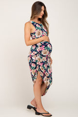 Navy Floral Ruched Asymmetrical Maternity Midi Dress