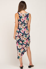 Navy Floral Ruched Asymmetrical Maternity Midi Dress