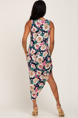 Navy Floral Ruched Asymmetrical Midi Dress