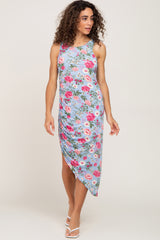 Blue Floral Ruched Asymmetrical Midi Dress