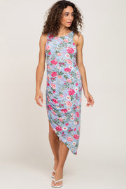 Blue Floral Ruched Asymmetrical Midi Dress