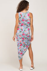 Blue Floral Ruched Asymmetrical Midi Dress