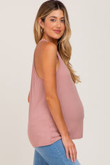 Mauve Ribbed Halter Neck Maternity Tank Top