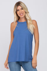 Blue Ribbed Halter Neck Maternity Tank Top