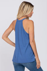 Blue Ribbed Halter Neck Tank Top