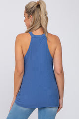 Blue Ribbed Halter Neck Maternity Tank Top