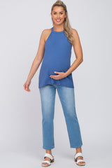 Blue Ribbed Halter Neck Maternity Tank Top