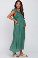 Green Tiered Ruffle Maternity Midi Dress