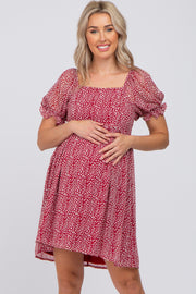 Red Animal Print Puff Sleeve Maternity Dress