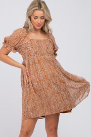 Camel Animal Print Puff Sleeve Maternity Dress