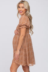 Camel Animal Print Puff Sleeve Maternity Dress