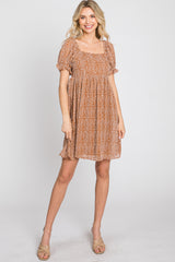 Camel Animal Print Puff Sleeve Dress