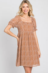 Camel Animal Print Puff Sleeve Dress