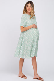 Mint Green Floral Tiered Ruffle Sleeve Maternity Dress