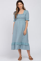 Light Blue Embroidered Square Neck Ruffle Hem Maternity Midi Dress