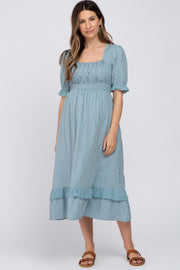 Light Blue Embroidered Square Neck Ruffle Hem Maternity Midi Dress