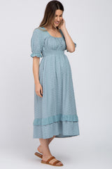 Light Blue Embroidered Square Neck Ruffle Hem Maternity Midi Dress