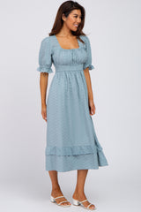 Light Blue Embroidered Square Neck Ruffle Hem Midi Dress