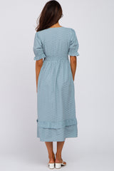 Light Blue Embroidered Square Neck Ruffle Hem Midi Dress