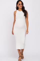 Ivory Racer Front Textured Fitted Maternity Midi Dress