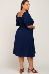 Navy Blue Smocked Front Tie Plus Midi Dress