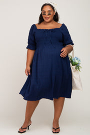 Navy Blue Smocked Front Tie Maternity Plus Midi Dress